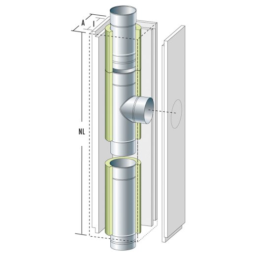 Schachtelement 1200 mm Front lose, T-St&uuml;ck 90&deg; mit Dehnung, gleicher Abgang f&uuml;r Wandfutter doppelt DN 160