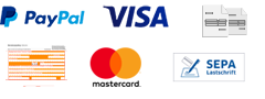 Vorkasse, Kreditkarte, Ueberweisung, Paypal. Kauf auf Rechnung